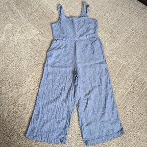 Rachel Zoe Romper Womens Sz 10 Blue 100% Linen Cropped Wide Leg Ankle Travel